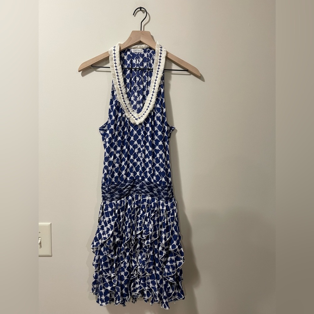 Poupette St Barth Blue & Cream Fringe Ruffle Fit & Flare Dress Size Small - Picture 3 of 10